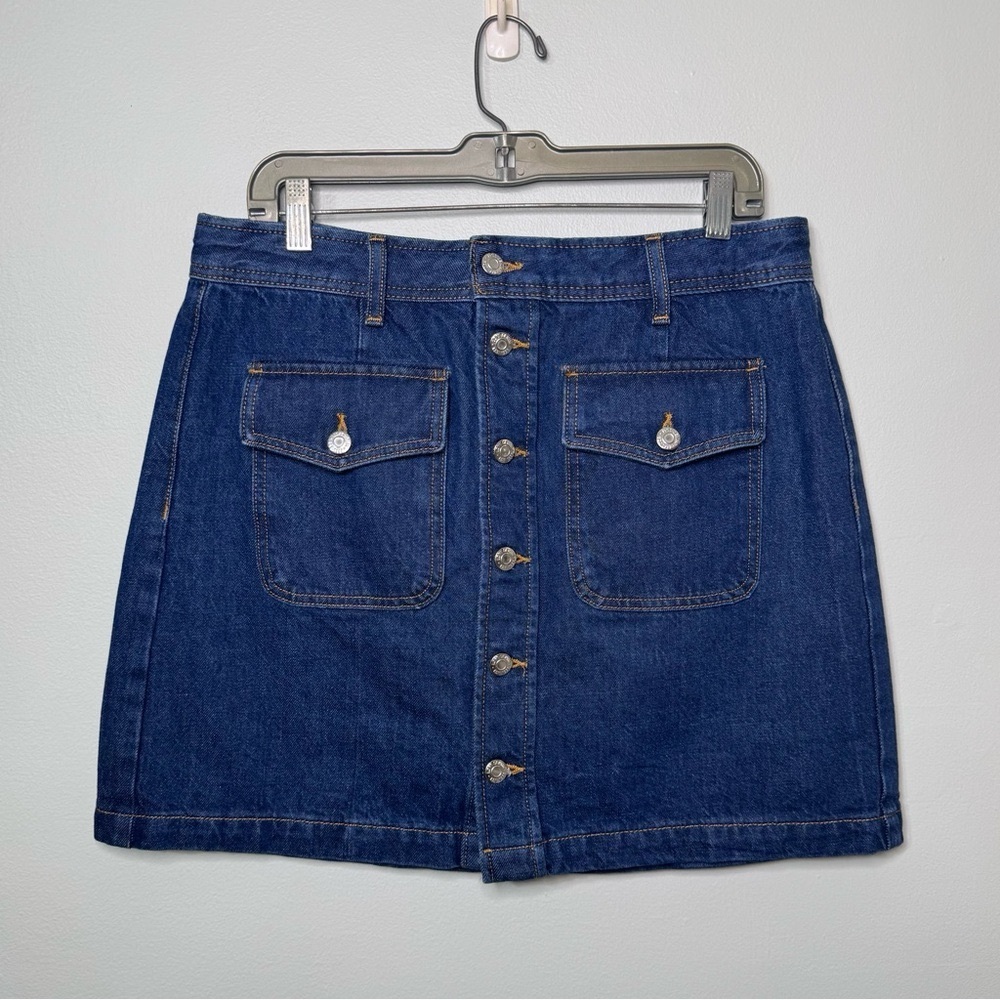 LOFT Patch Pocket Button Front Denim Mini Skirt in Deep Indigo Wash Size 10 - Picture 4 of 12